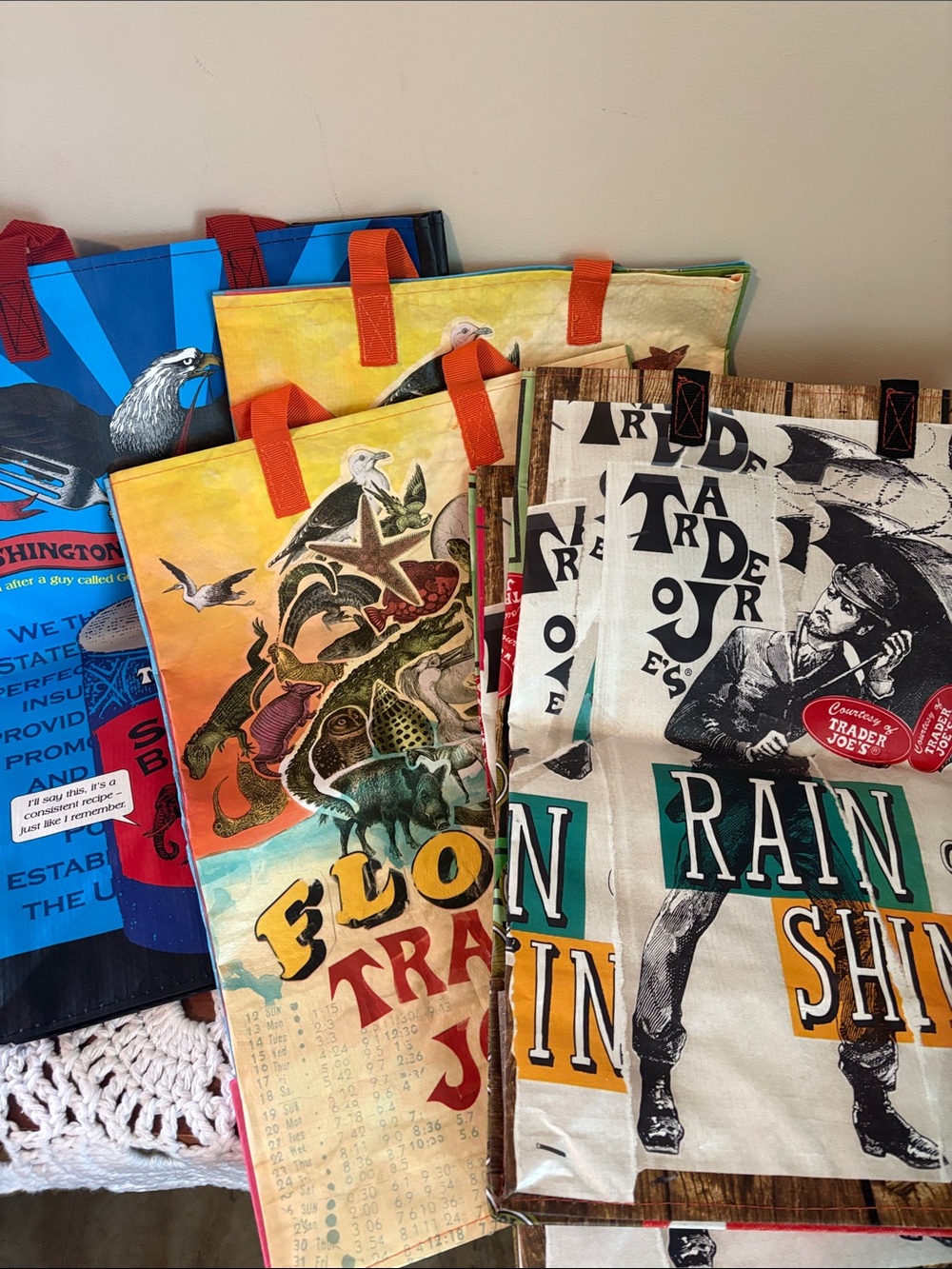 5 -Trader Joe's Reusable Grocery Tote Bag - Colorful Graphic Set NWT